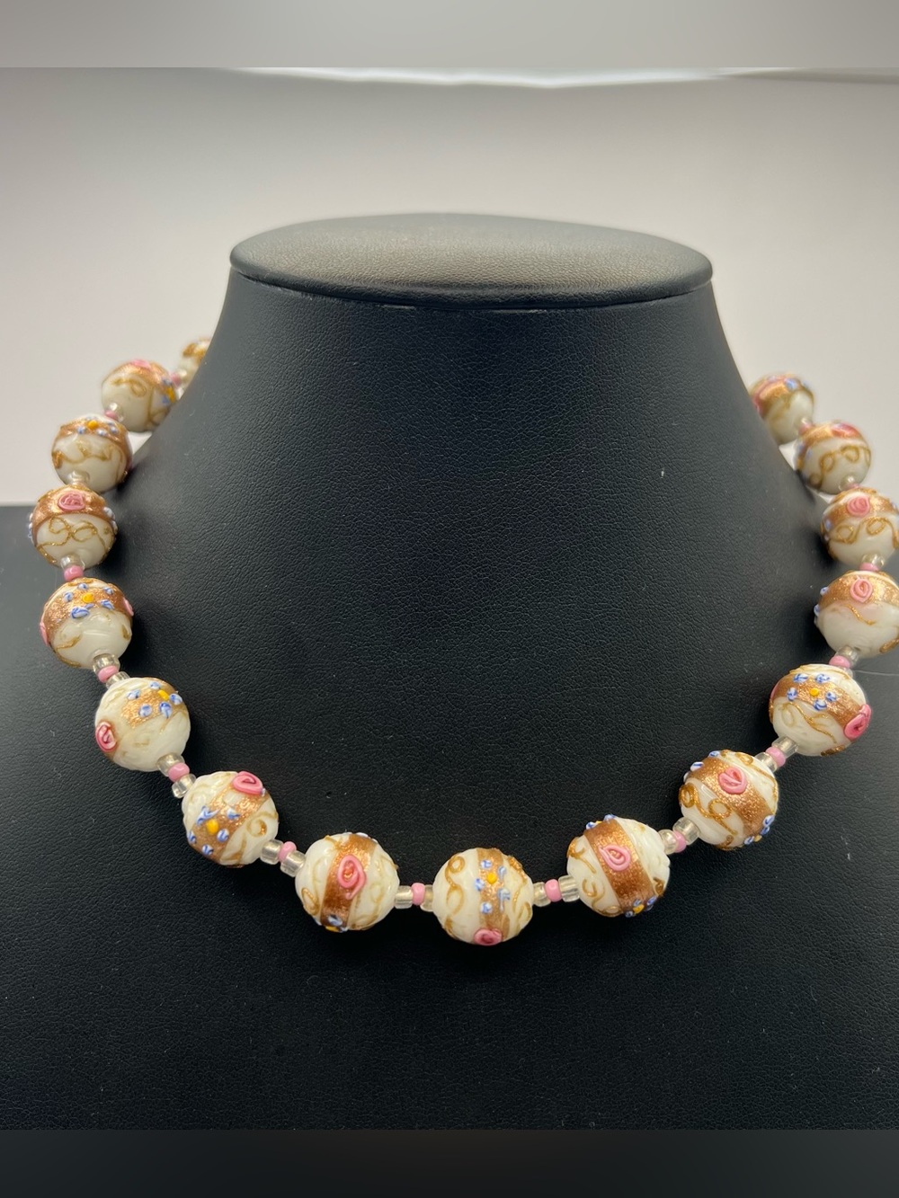 Vintage Wedding Cake Bead Venetian Glass Necklace Pink, White, Blue